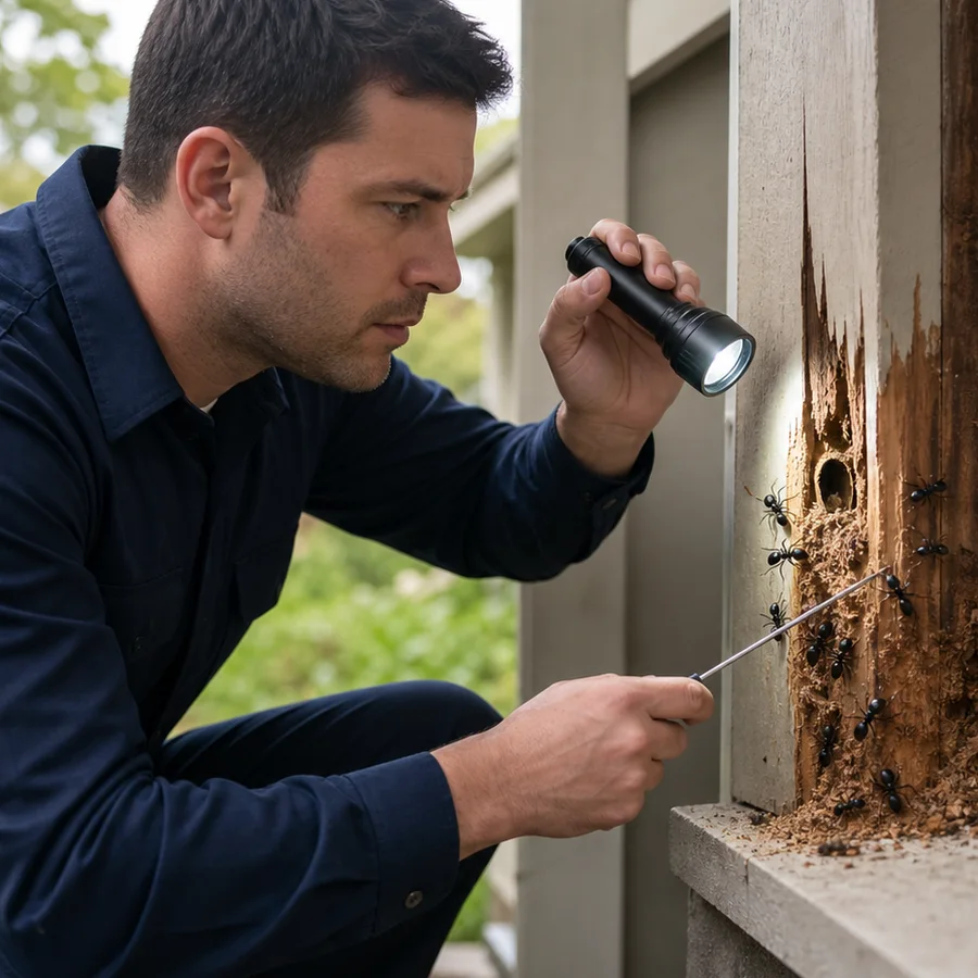Close inspection of carpenter ants and frass in damp wood