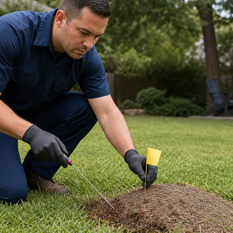 Close inspection of an active fire-ant mound in a residential lawn