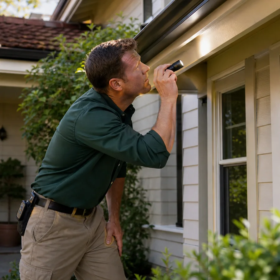 A professional exterminator inspecting a residential foundation