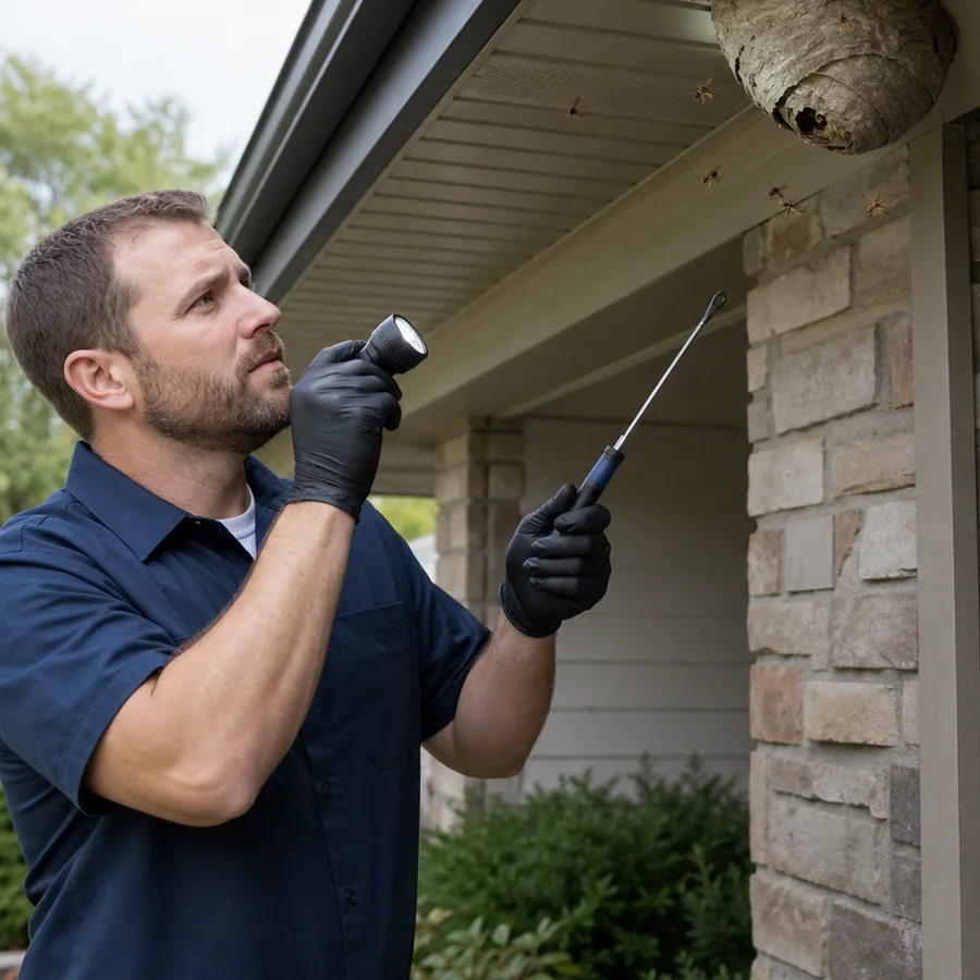 Close inspection of a paper wasp nest under a residential eave