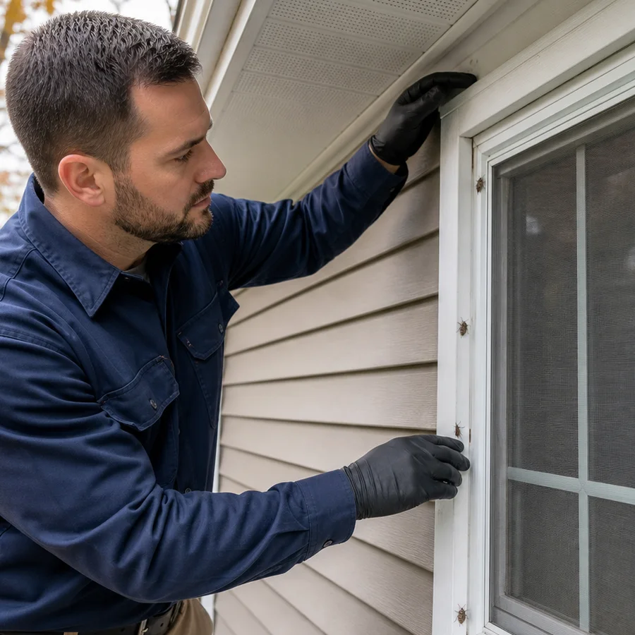Close inspection of a window and siding seam with stink bugs