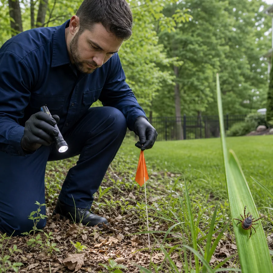 Close inspection of leaf litter and yard edges for ticks