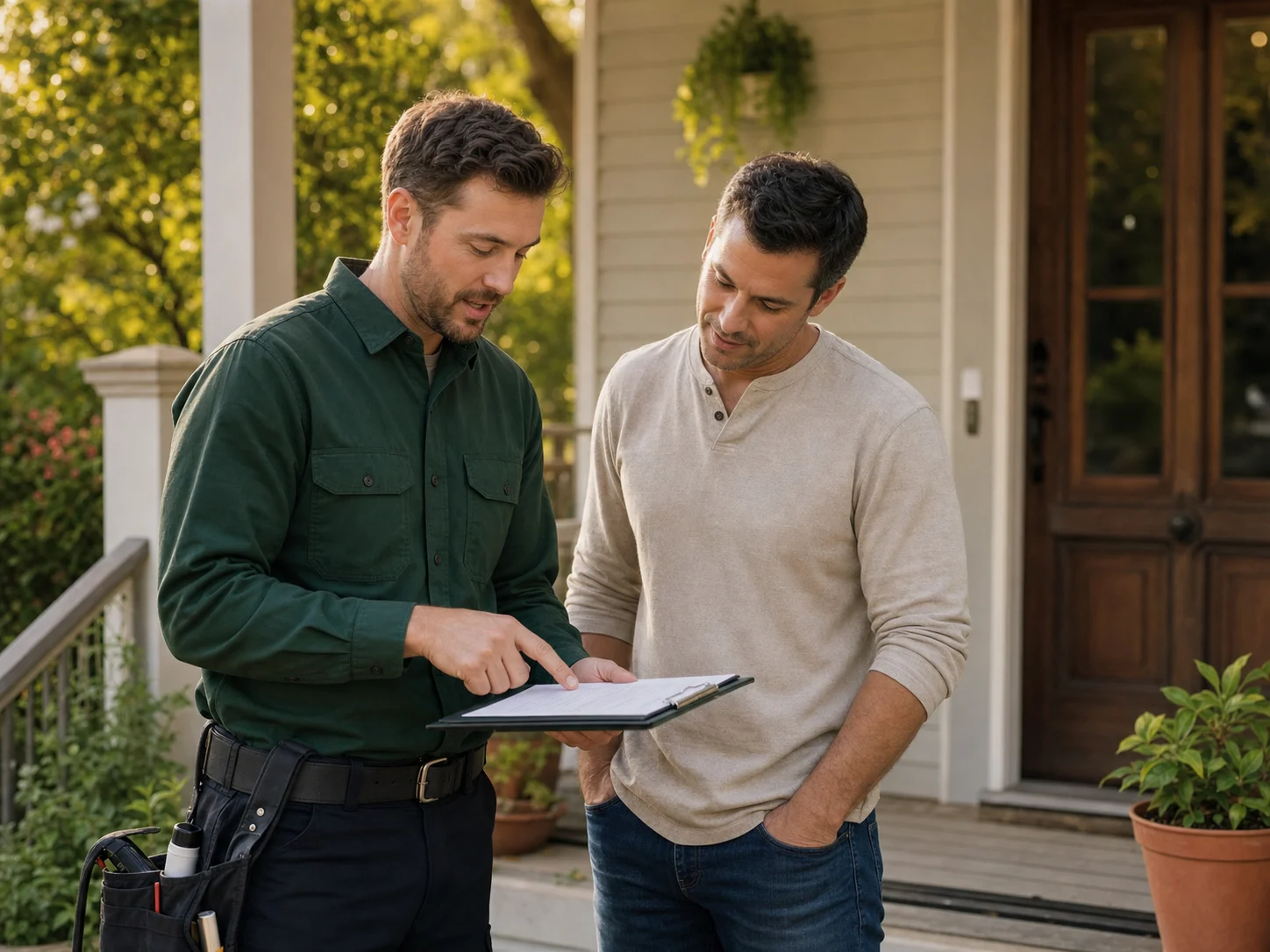 A homeowner reviewing pest-control next steps with a technician